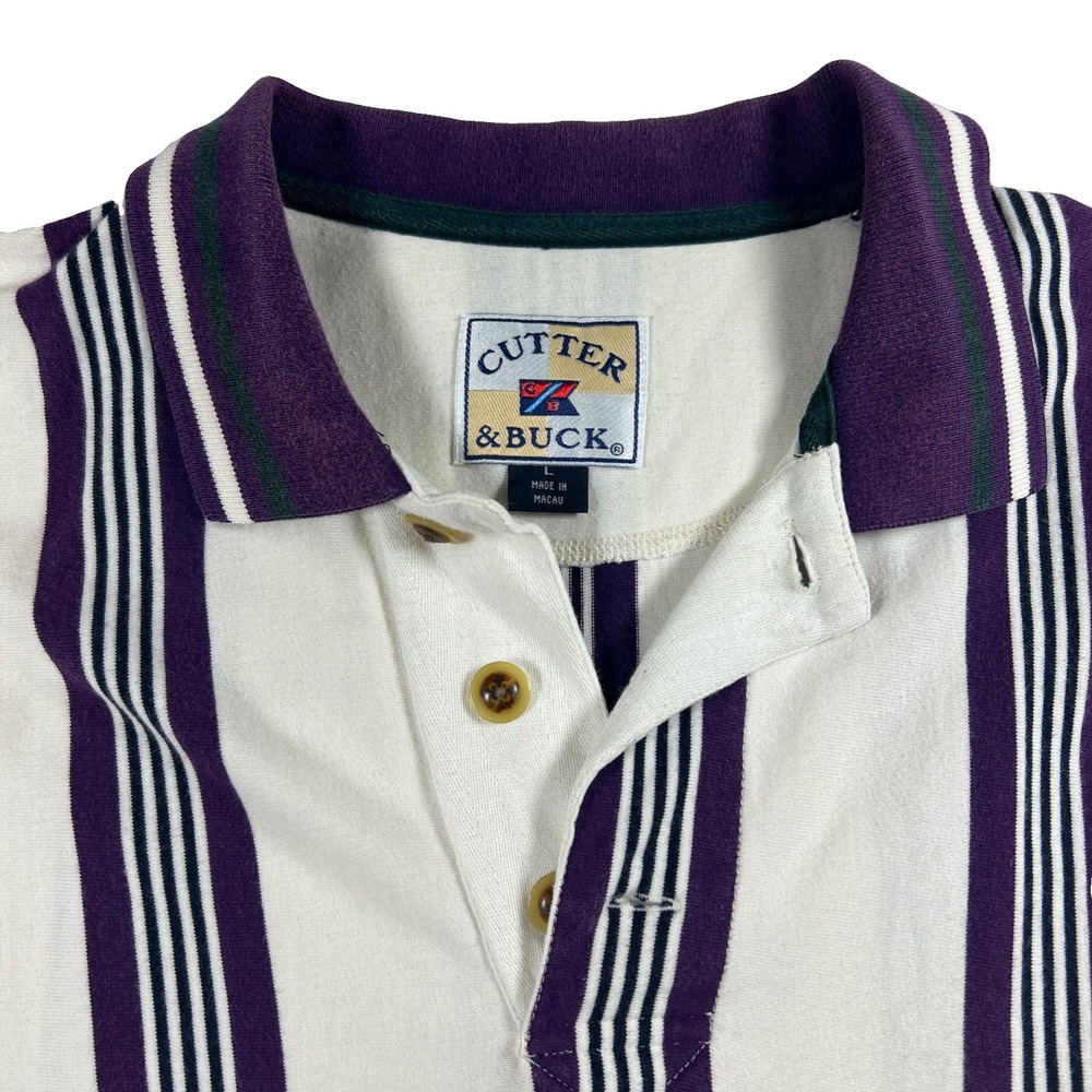 Cutter & Buck Polo Shirt Mens Large White Striped Cotton Performance Purple